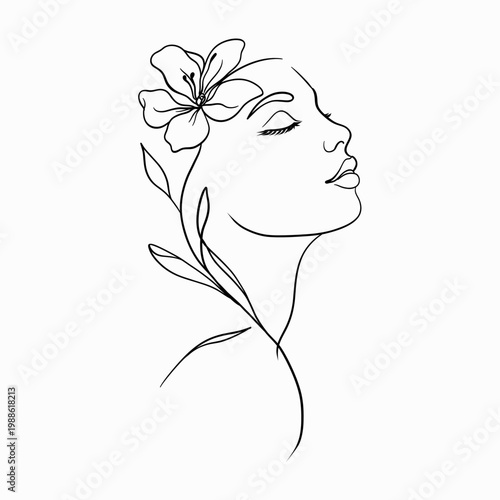 Elegant Feminine Floral Line Art Minimal Female Face Line Drawing with Flowers