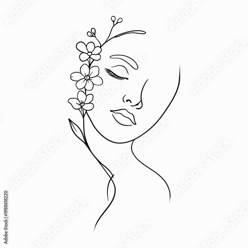 Elegant Feminine Floral Line Art Minimal Female Face Line Drawing with Flowers
