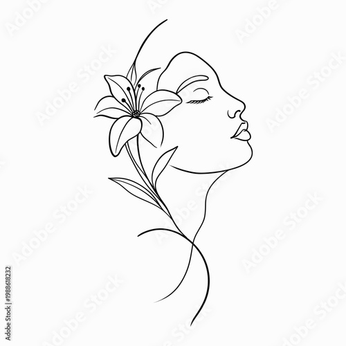 Elegant Feminine Floral Line Art Minimal Female Face Line Drawing with Flowers