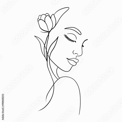 Elegant Feminine Floral Line Art Minimal Female Face Line Drawing with Flowers