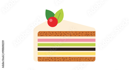 Flat vector illustration of a multi-layered cake slice with colorful sponge layers, white frosting, and a cherry topping, isolated on a plain white background.