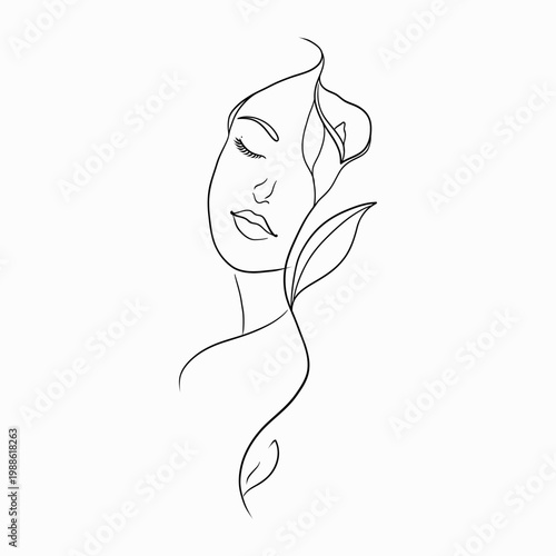 Elegant Feminine Floral Line Art Minimal Female Face Line Drawing with Flowers