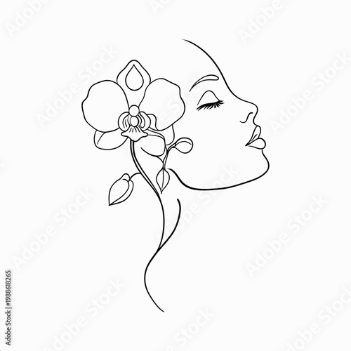 Elegant Feminine Floral Line Art Minimal Female Face Line Drawing with Flowers