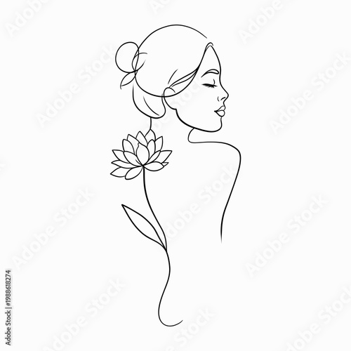 Elegant Feminine Floral Line Art Minimal Female Face Line Drawing with Flowers