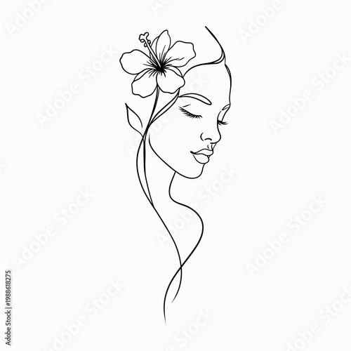 Elegant Feminine Floral Line Art Minimal Female Face Line Drawing with Flowers