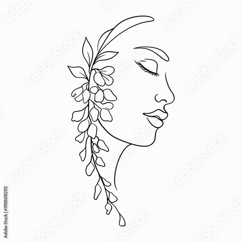 Elegant Feminine Floral Line Art Minimal Female Face Line Drawing with Flowers