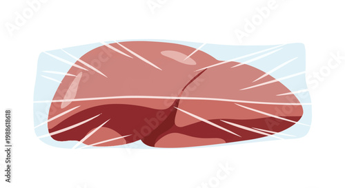 Medical illustration of a human liver organ wrapped in transparent plastic film for transplantation or donation, isolated on a white background.