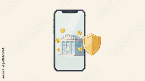 Mobile phone with bank building and shield