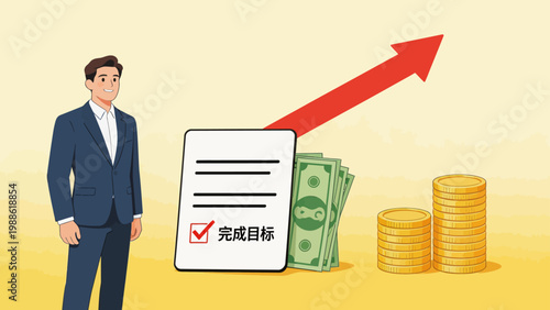 Businessman with money and goal checklist