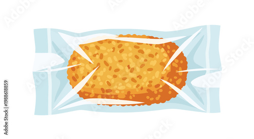 Vector illustration of a breaded potato hash brown or fried patty sealed in a clear plastic film wrapper, isolated on a white background for food packaging design.