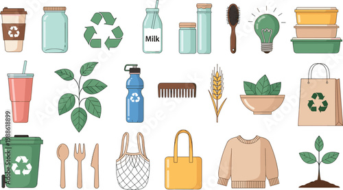 Sustainable living icons in a clean flat design with a white background