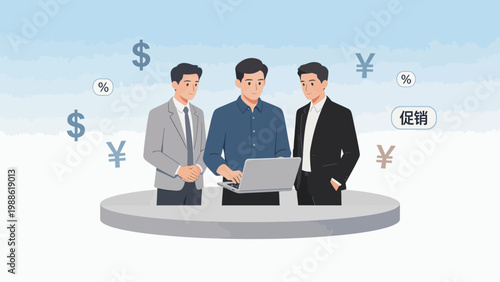 Businessmen with laptop and currency symbols