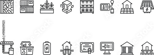 A collection of various eco-friendly and sustainable living icons on a white background