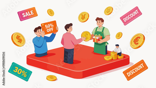 People shopping with sale signs and coins