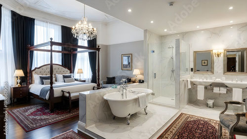 Elegant bedroom with integrated sitting and bath area