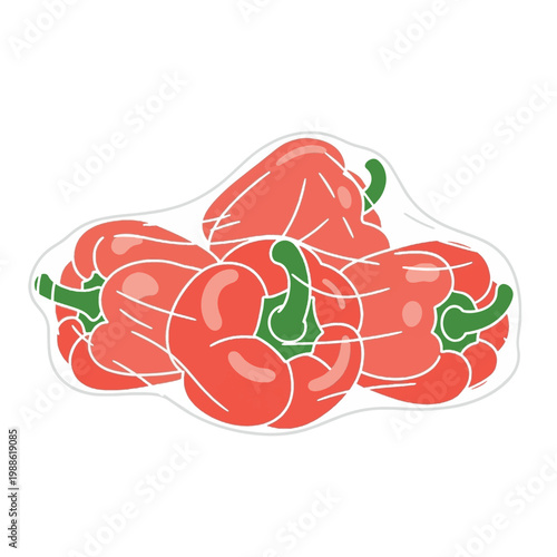 Graphic Illustration of Fresh Red Bell Peppers Wrapped in Transparent Plastic Packaging Isolated on White for Grocery and Supermarket Concepts