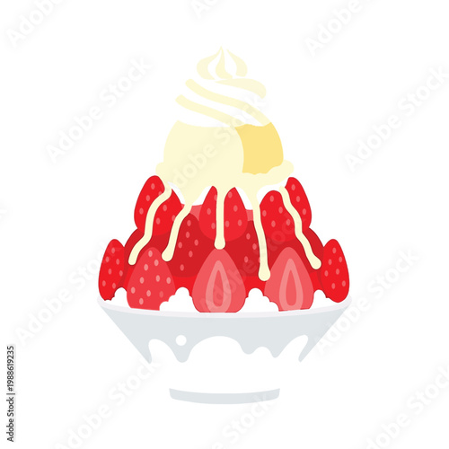 Delicious strawberry bingsu shaved ice dessert with vanilla ice cream scoop and whipped cream topping, flat vector illustration isolated on white background