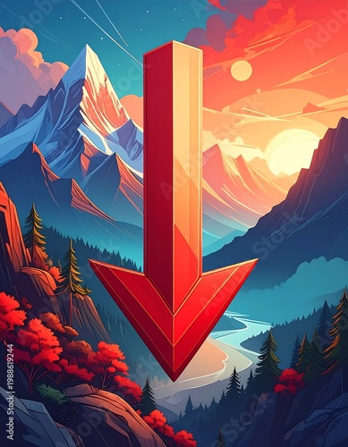 Red arrow pointing down, mountain landscape