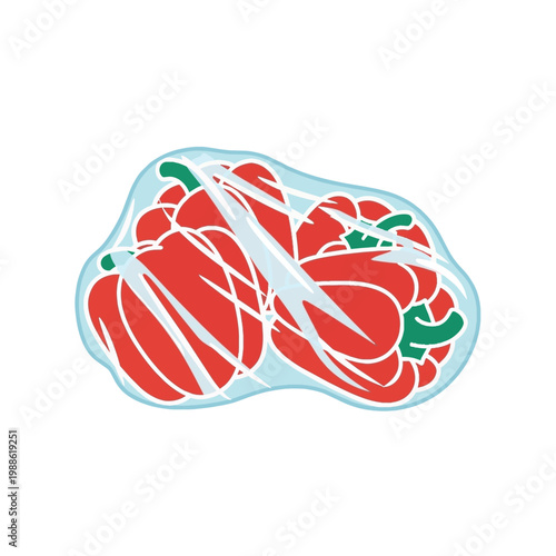 Stylized Flat Illustration of Fresh Red Bell Peppers Wrapped in Transparent Plastic Cling Film Isolated on White Background