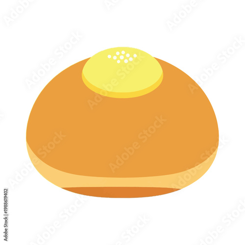 Flat vector illustration of a round golden-brown sweet custard bun with yellow topping and white seeds, isolated on a white background for bakery and food design.