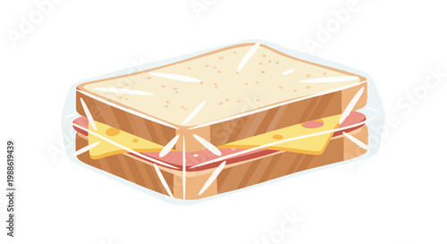 Vector illustration of a fresh ham and cheese sandwich on white bread wrapped in transparent plastic film, isolated on white background for lunch, snack, or takeaway food concepts.