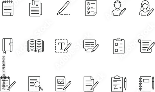 A collection of line icons depicting various writing and editing tools and actions