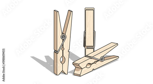 Wooden Clothespins Isolated on White Background, Laundry Accessories