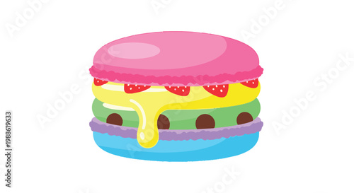 Colorful multi-layered macaron illustration featuring strawberry slices, chocolate chips, and dripping yellow cream filling, isolated on a white background for dessert menus or bakeries.