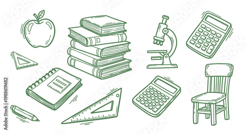 Hand drawn school supplies and educational items collection for learning.