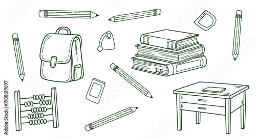 Hand-drawn school supplies set with backpack books pencils and desk.