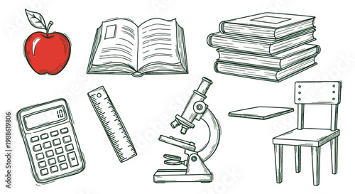 School Supplies and Educational Tools Doodle Set.