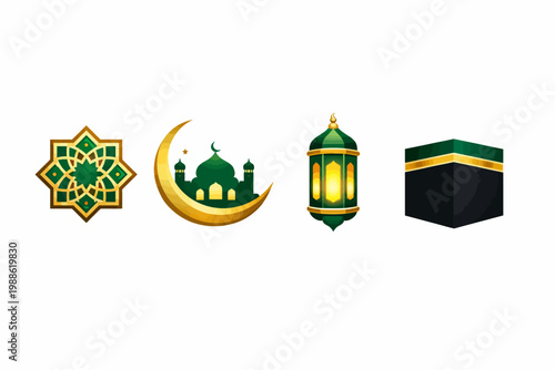 Islamic symbols collection kaaba crescent moon lantern and geometric design