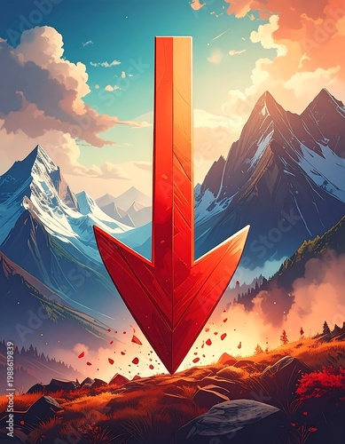 Red arrow pierces a mountain landscape