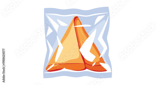 Flat Vector Illustration of a Single Fortune Cookie Wrapped in Clear Plastic Packaging Isolated on a White Background