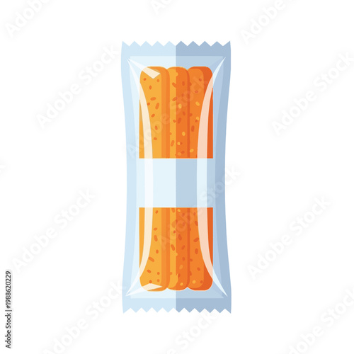Flat vector illustration of a snack pack containing crunchy breadsticks in a transparent plastic wrapper with a blank white label for branding, isolated on white background.