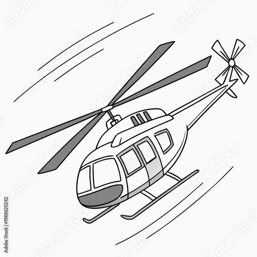 A simple line drawing depicts a gray helicopter in flight showcasing its rotor blades fuselage and skids high quality professional detailed modern