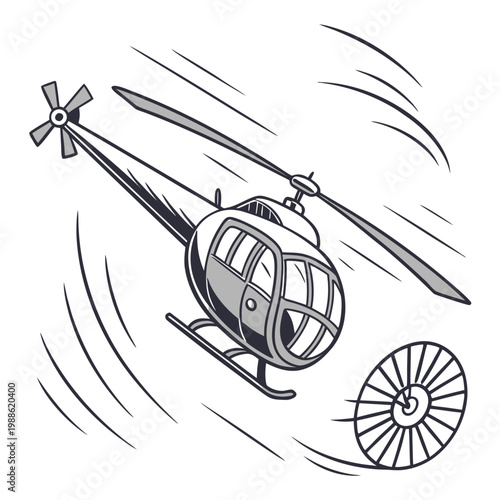 A stylized black and white illustration depicts a helicopter in flight with motion lines suggesting speed and a spare tire below