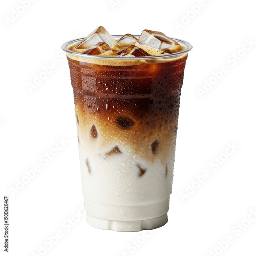 A hyper-photorealistic iced coffee latte in a takeaway cup with condensation on a transparent background with copy space. Concept for beverage advertising