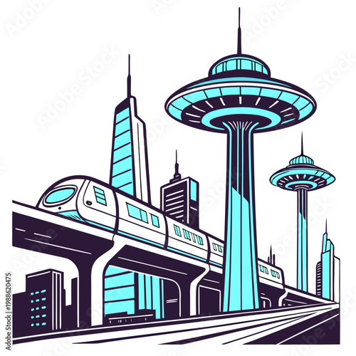 A futuristic cityscape illustration showcases the space needle a monorail and various stylized buildings in a vibrant graphic style high quality professional