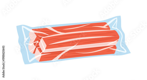 Vacuum-sealed package of red imitation crab sticks (surimi) on a white background. Flat vector illustration of seafood product packaging.