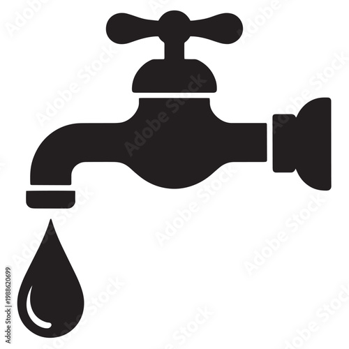 Simple black icon design featuring a water tap and a drop falling onto the earth for ecology