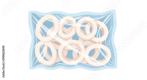 Frozen Onion Rings in Transparent Plastic Packaging, Uncooked Fast Food Snack for Frying or Baking