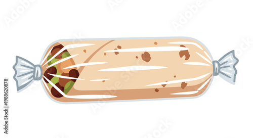 Cartoon illustration of a delicious burrito or wrap, individually packaged in clear plastic for convenient takeout or grab-and-go meal, isolated on a white background.