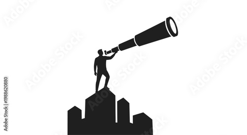 Man looking through a telescope standing on a city skyline.