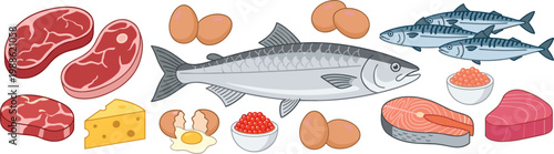 Collection of protein rich foods including fish meat and eggs