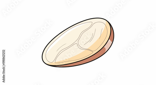 A single, stylized almond, light beige with subtle internal lines, set against a white background