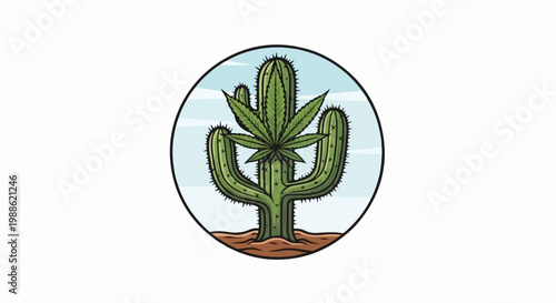 A stylized green cactus with a marijuana leaf at its center, set against a light blue sky