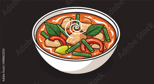 A steaming bowl of spicy curry with chicken, green beans, and red peppers