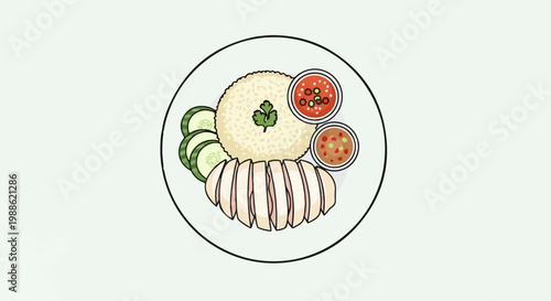 A plate of sliced chicken, rice, cucumber slices, and two dipping sauces