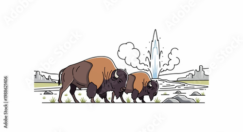 Two bison walk past a geyser erupting in a rugged landscape